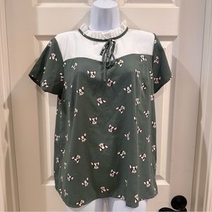 Terrier Ruffled Collar Short Sleeve Green Blouse Medium Jessy B Boston